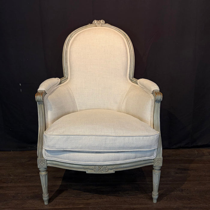 Pair of Antique French Louis XVI Carved and Painted Bergère Armchairs with New Upholstery