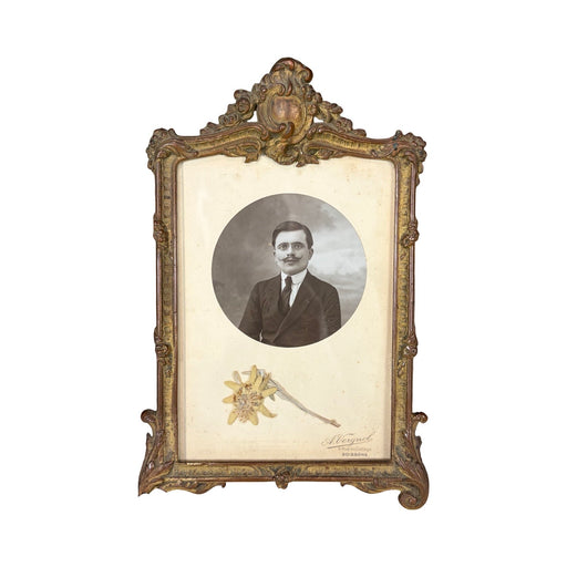 Antique French Ornate Gilt Metal Photo Frame with Original Portrait & Pressed Edelweiss