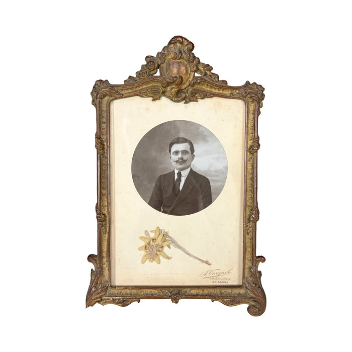 Antique French Ornate Gilt Metal Photo Frame with Original Portrait & Pressed Edelweiss