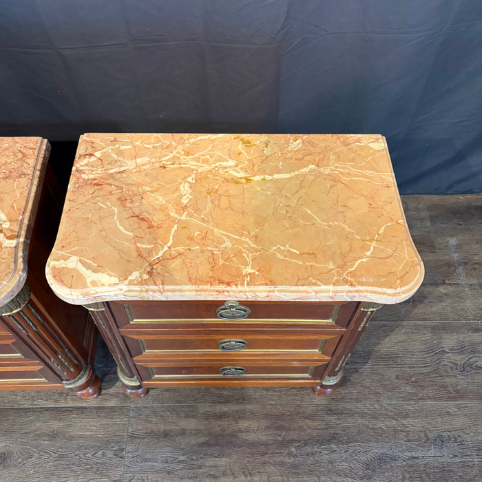 Pair of Antique French Marble Top Petite Commodes, Side Tables or Nightstands with Brass Mounts