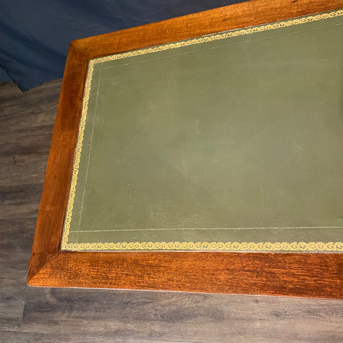 French Antique Embossed Leather Top Desk with Two Drawers and Original Key