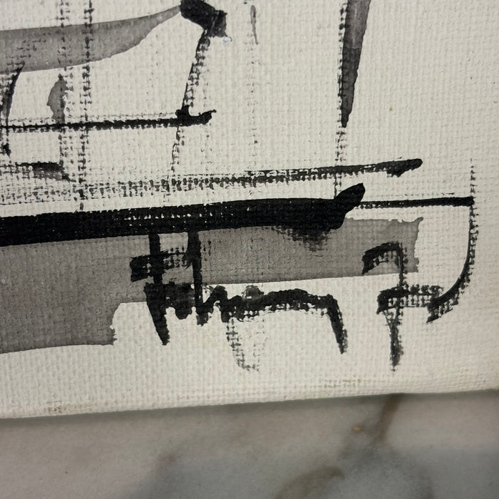 Maritime Harbor Painting with Boats - Nautical Black and White Ink and Oil on Canvas
