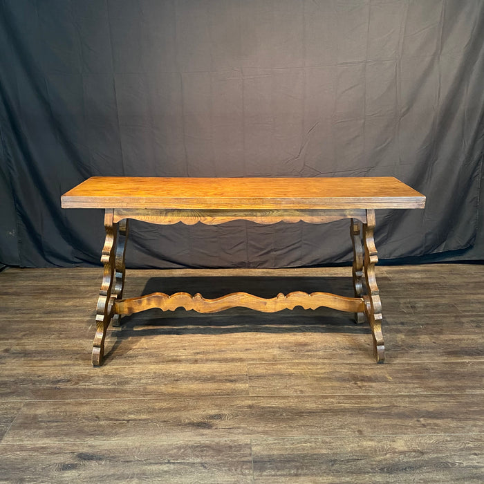 French Console Table or Dining Table with Carved Trestle Base and Folding Solid Oak Top