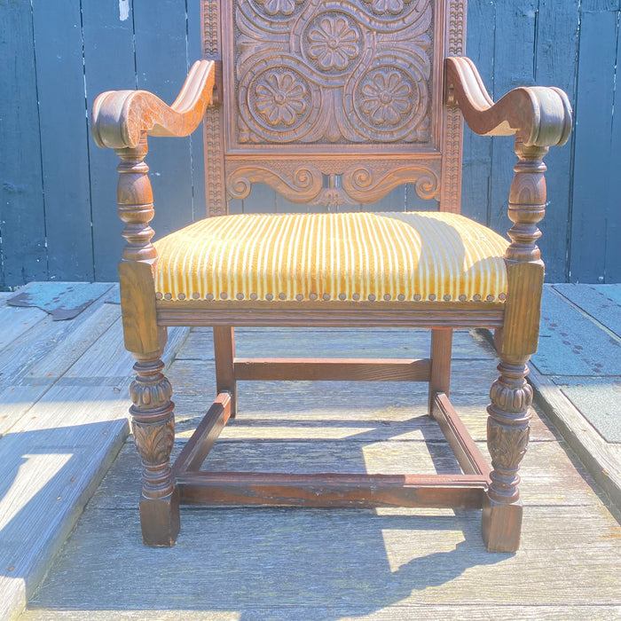 Antique Set of 8 British Jacobean Style Carved Oak Dining Chairs: 2 Arm Chairs and 6 Side Chairs