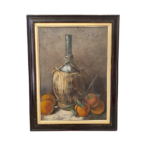 French Impressionist Still Life Oil Painting with Wine, Peaches and Oranges dated 1912 by Listed Artist