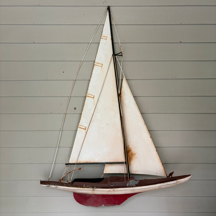 Large Vintage Metal Sailboat Yacht Wall Sculpture with Painted Hull and Wire Rigging