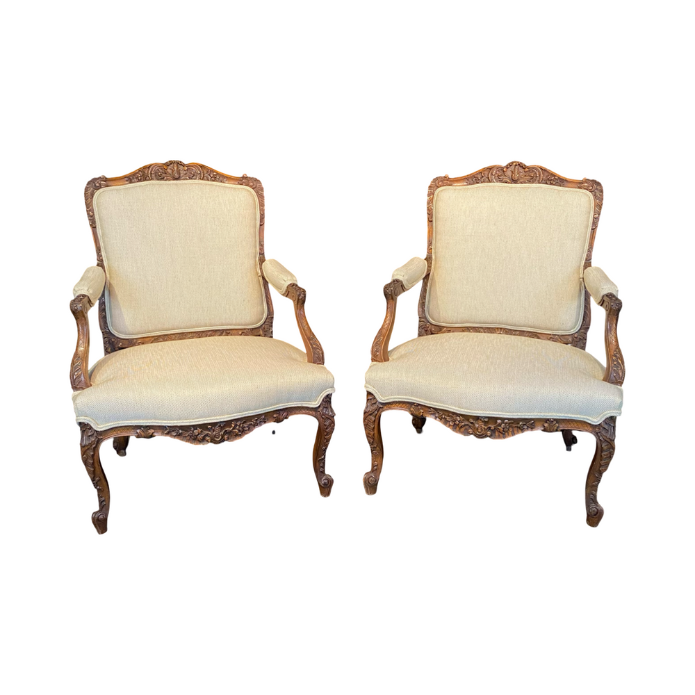 Fine Pair of 19th Century French Louis XV Period Carved Walnut Armchairs or Fauteuils