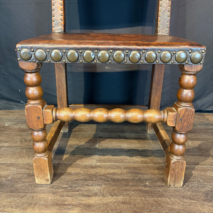 French Antique Set of Leather and Nailhead Dining Chairs with Bobbin Legs