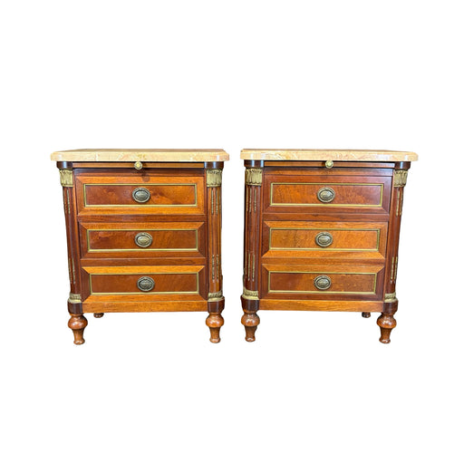Pair of Antique French Marble Top Petite Commodes, Side Tables or Nightstands with Brass Mounts