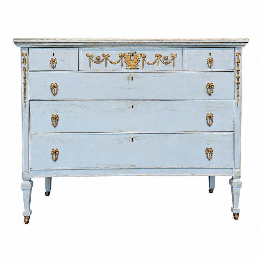 French Louis XVI Style Painted Blue Chest of Drawers with Gilt Bronze Mounts