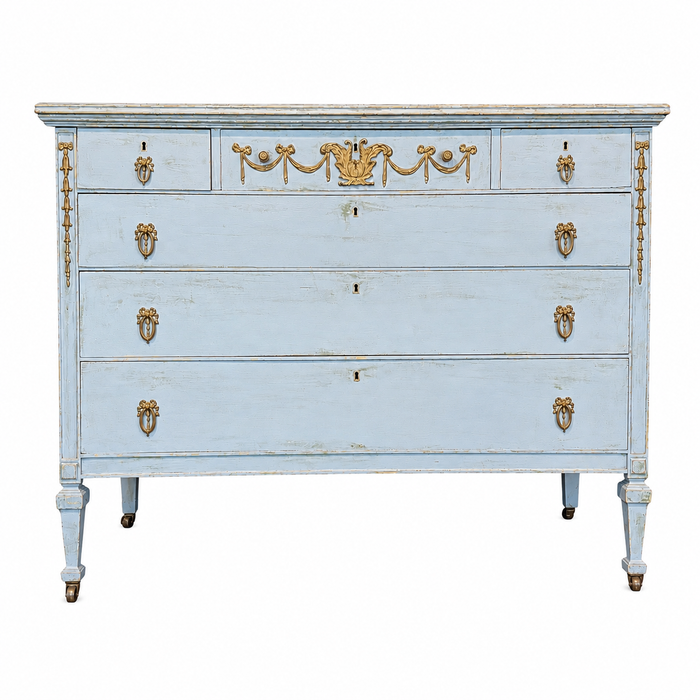 French Louis XVI Style Painted Blue Chest of Drawers with Gilt Bronze Mounts