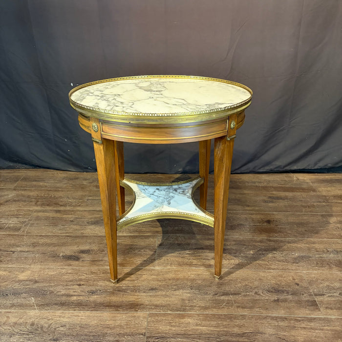 Antique French Bouillotte Round Side Table with Marble Top, Marble Stretcher and Brass Gallery