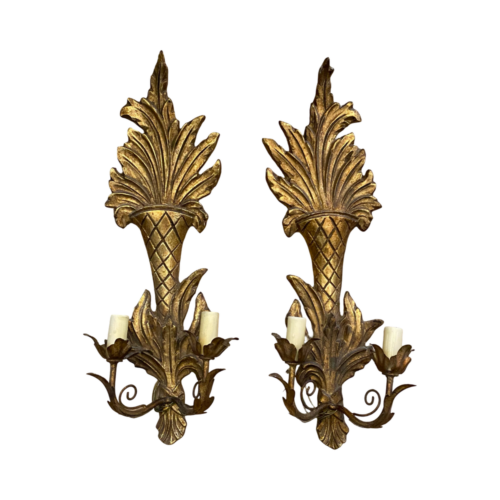 Pair of French Carved Giltwood Two-Light Wall Sconces with Diamond-Carved Urn Motifs