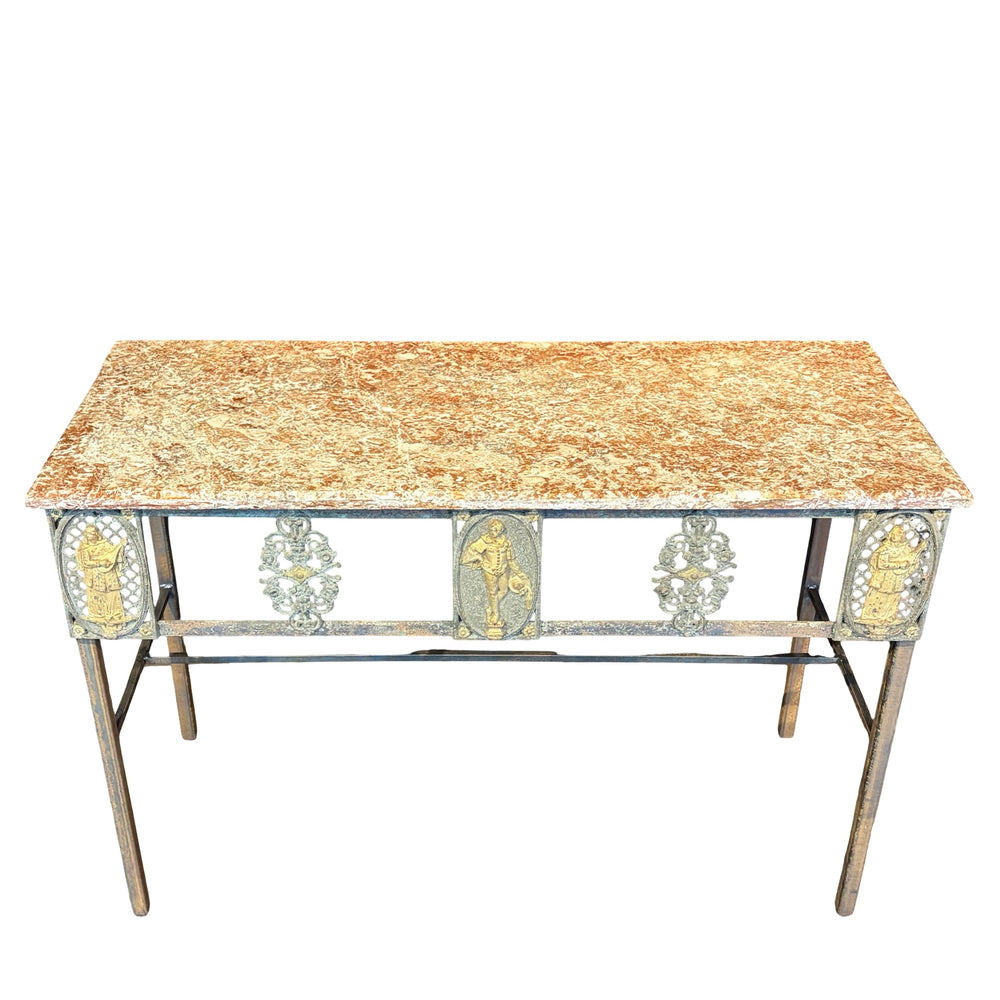 Stunning French Balcony Console Table with Marble Top & Gold Figural Wrought Iron Panel