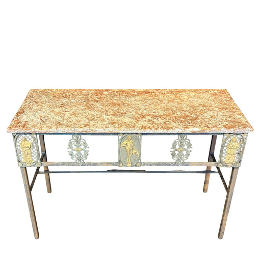 Stunning French Balcony Console Table with Marble Top & Gold Figural Wrought Iron Panel