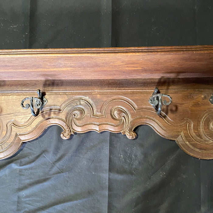 Antique Hand Carved 19th Century Walnut Hat and Coat Rack with Wall Shelf or Bookshelf Above and Hooks