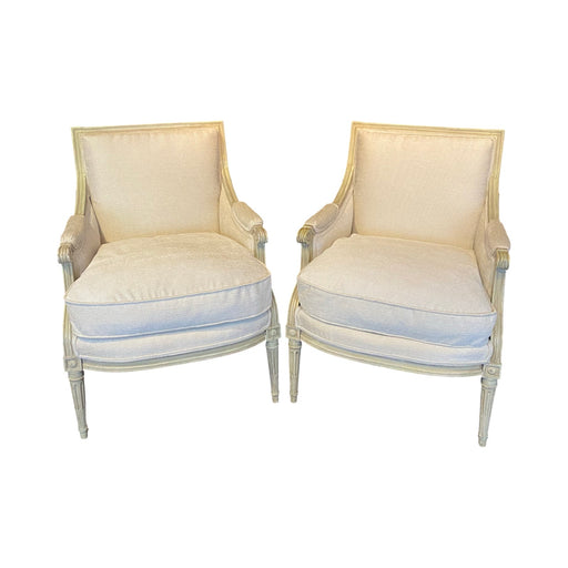 Pair of 19th Century French Louis XVI Painted Bergère Chairs or Armchairs with New Upholstery