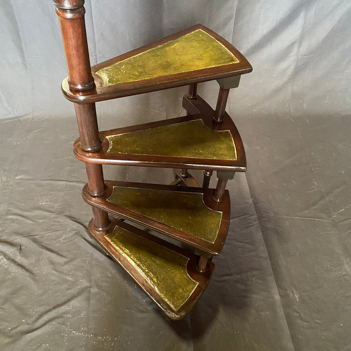 French Antique Library Staircase, Library Steps or Spiral Stairs in Mahogany with Embossed Leather Treads