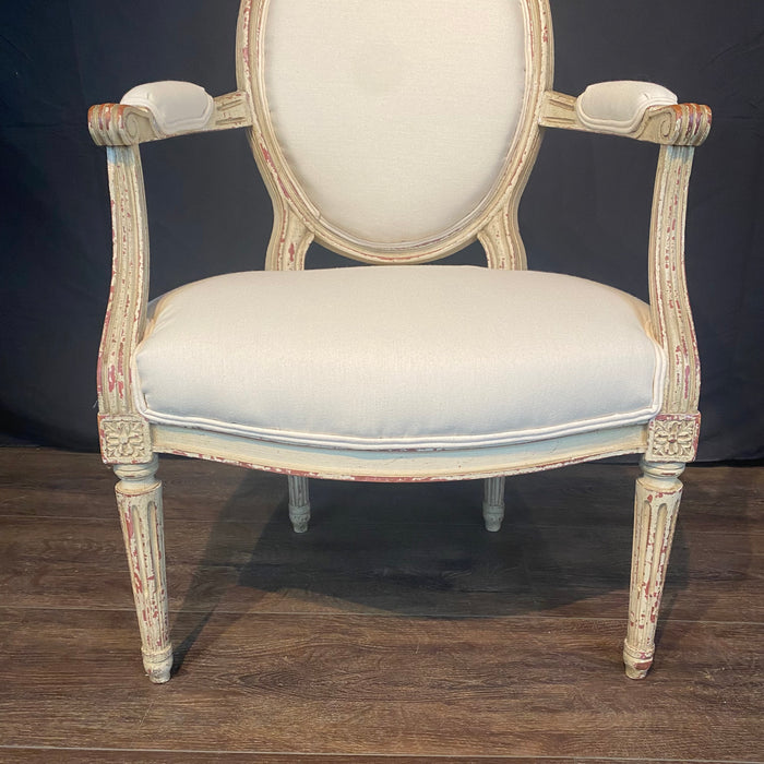 French Pair Louis XVI Painted Armchairs or Fauteuils