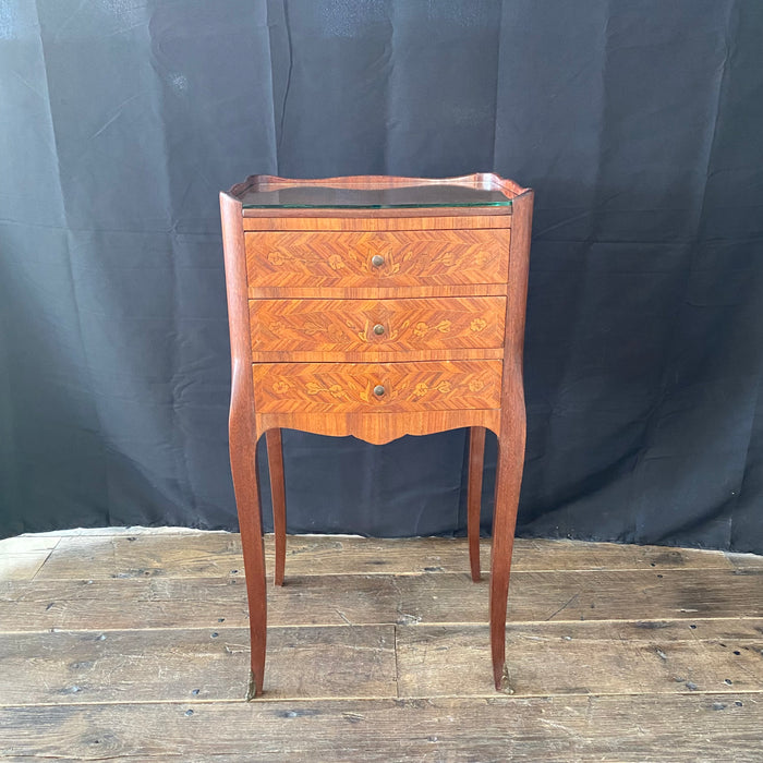 Pair of Inlaid French Louis XV Walnut and Fruitwood Nightstands, Side Tables or Bedside Tables with Intricate Marquetry