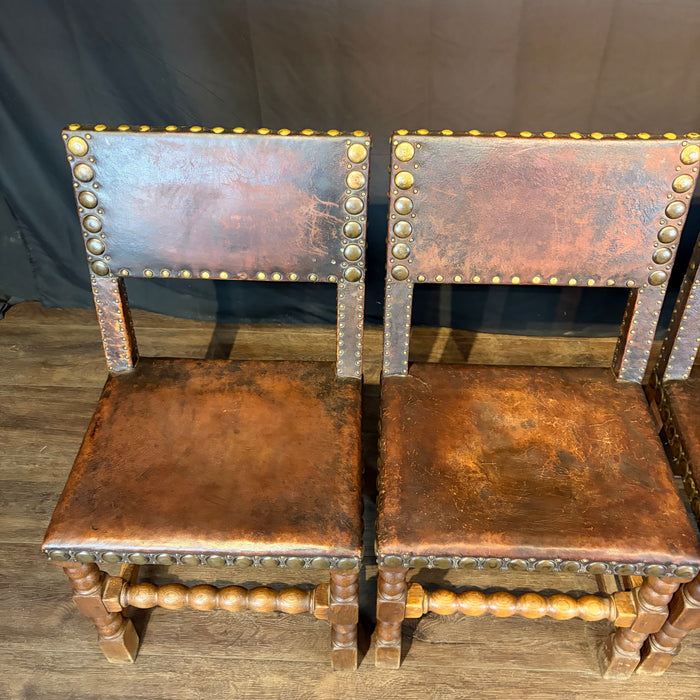 French Antique Set of Leather and Nailhead Dining Chairs with Bobbin Legs