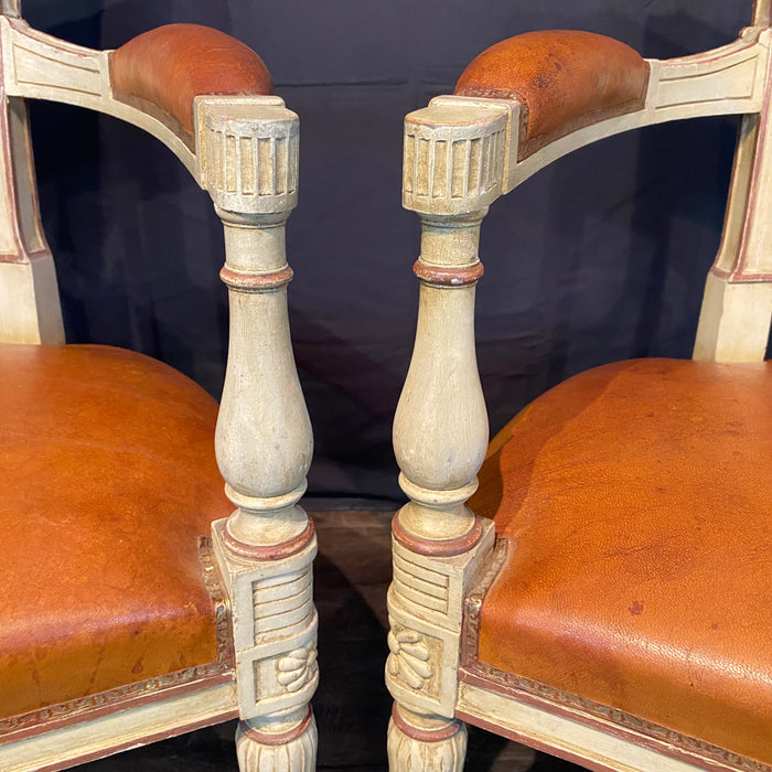 Spectacular Pair of French Neoclassical Figural Leather Armchairs or Fauteuils with Original Paint