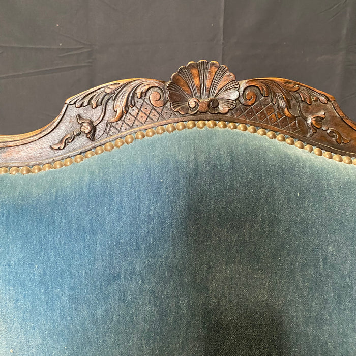 Pair of 19th Century French Louis XV Chairs with Original Blue Mohair Upholstery Armchairs or Fauteuils