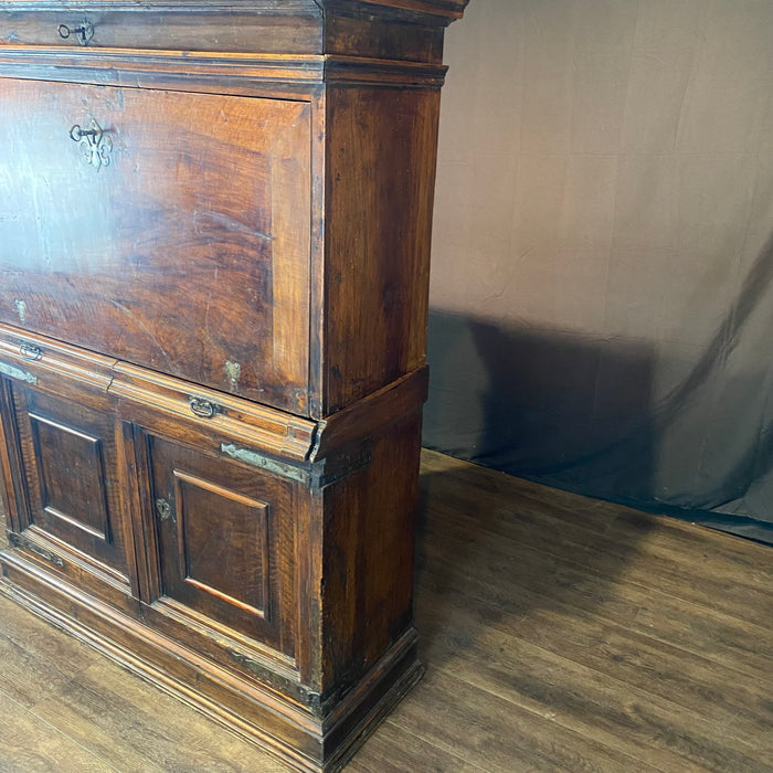 18th Century Spanish Baroque Walnut Bargueno or Vargueno Fall-Front Writing Desk Cabinet Spanish Cabinet "Bargueño" or Vargueno on Stand, Original Wrought Iron and Keys