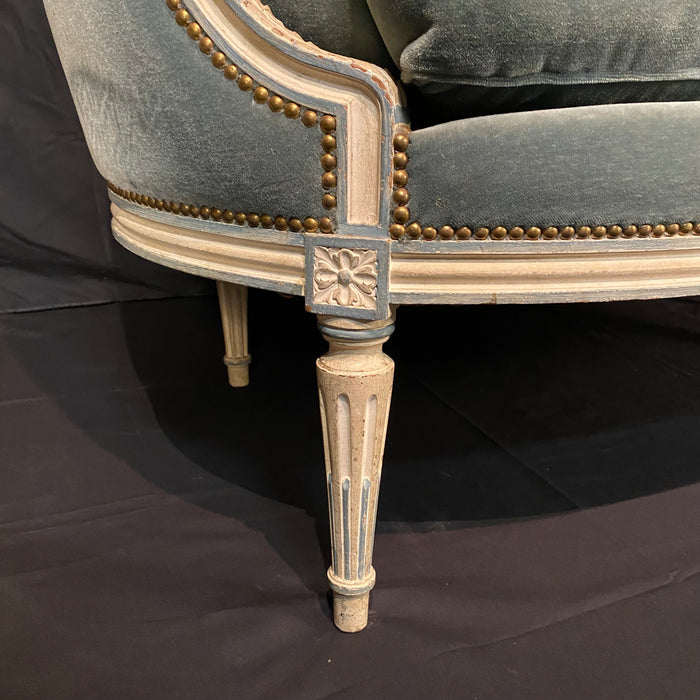 Antique French Louis XVI Sofa, Loveseat or Settee in Original White Paint and Blue Mohair Upholstery