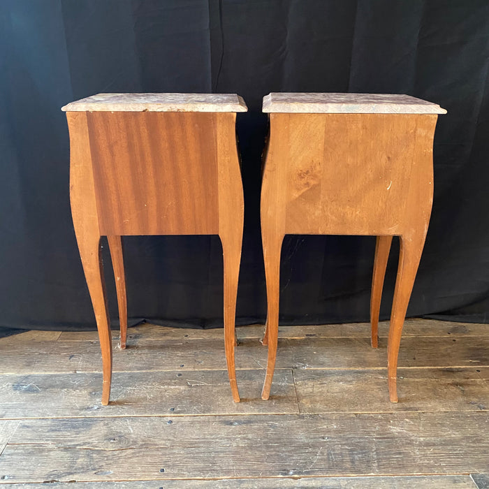 Pair of French Louis XV Marquetry Nightstands, Side Tables or Bedside Tables with Fine Marble Tops