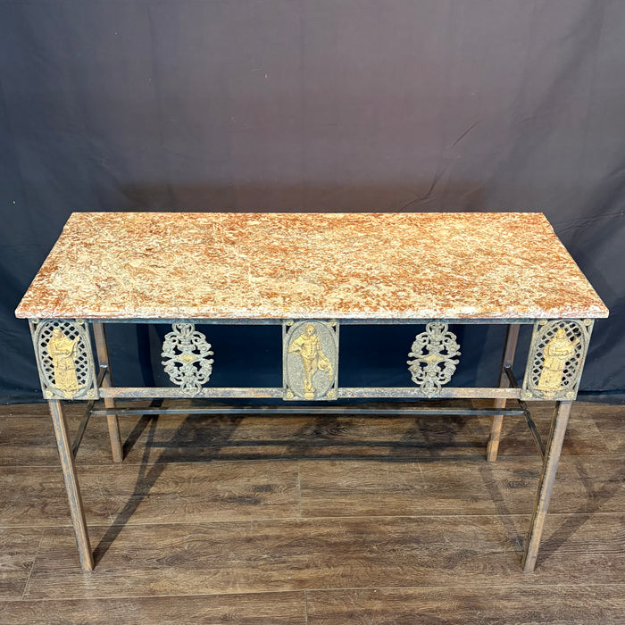 Stunning French Balcony Console Table with Marble Top & Gold Figural Wrought Iron Panel