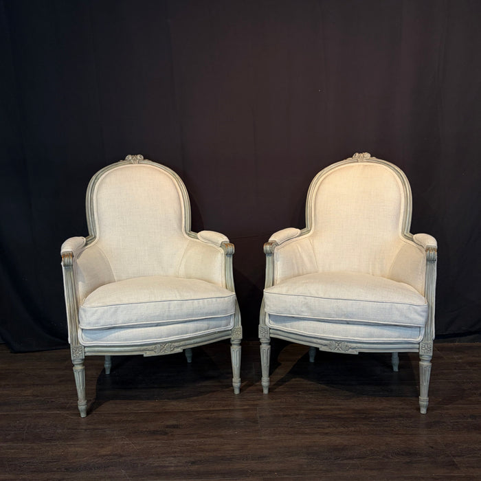 Pair of Antique French Louis XVI Carved and Painted Bergère Armchairs with New Upholstery