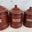 Set of Five French Reddish Brown Enamel Kitchen Canisters with Original Lids