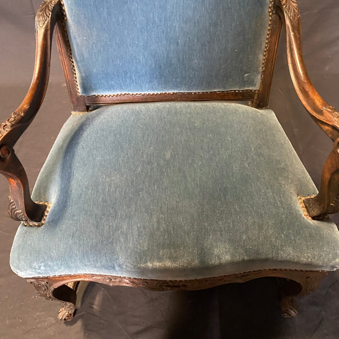 19th Century French Louis XV Chairs with Original Blue Mohair Upholstery: Set of 4 - 2 Armchairs and 2 Side Chairs