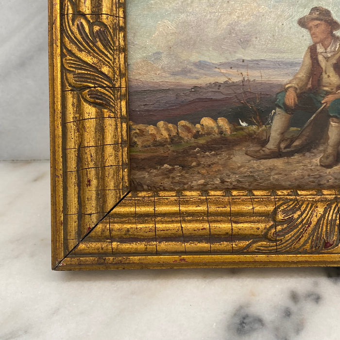 French 19th Century Signed Oil Painting of a Shepherd in Giltwood Frame