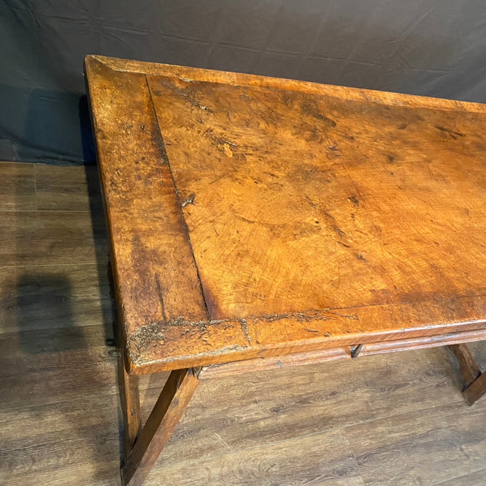 Antique Spanish Baroque Walnut Writing Table, Desk or Console with Iron Stretchers