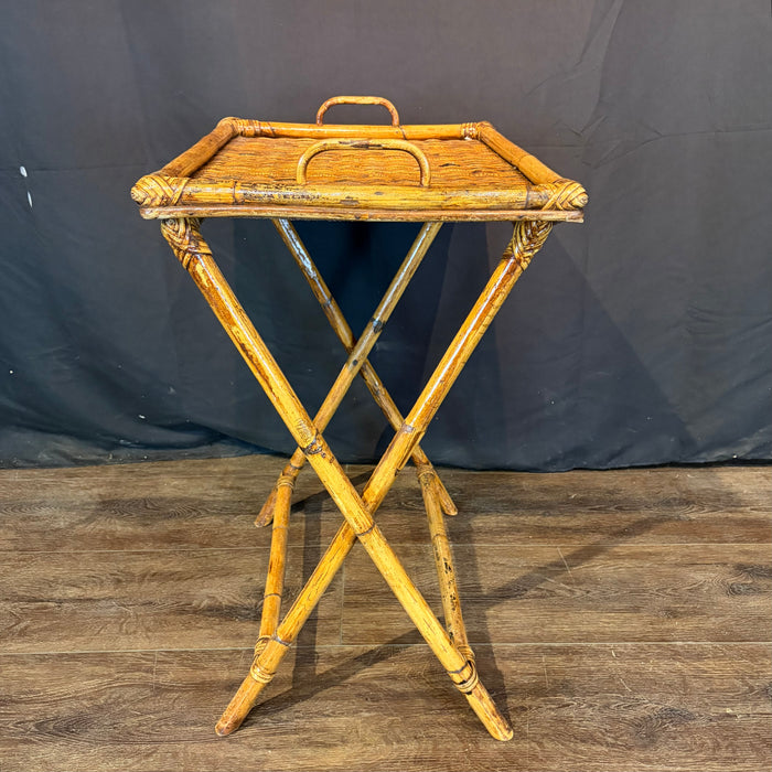 Pair of Midcentury Tortoiseshell Bamboo Folding Chairs with Bamboo and Rattan Tray Table