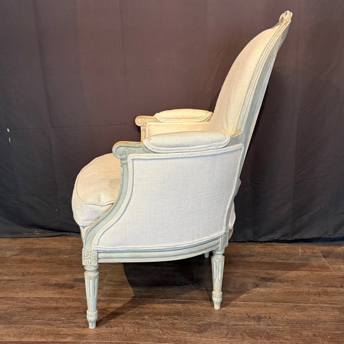 Pair of Antique French Louis XVI Carved and Painted Bergère Armchairs with New Upholstery