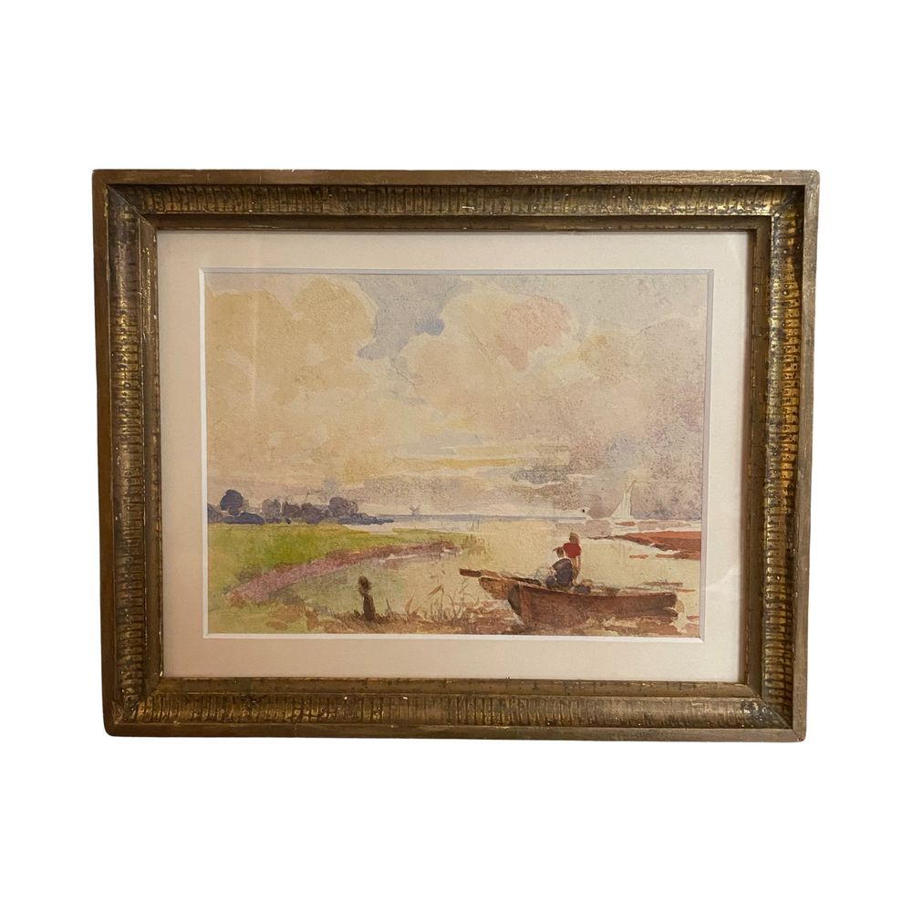 Listed British Artist Bernard Harper Wiles (1883-1966) - Framed Original Watercolor Painting of A Couple in a Boat