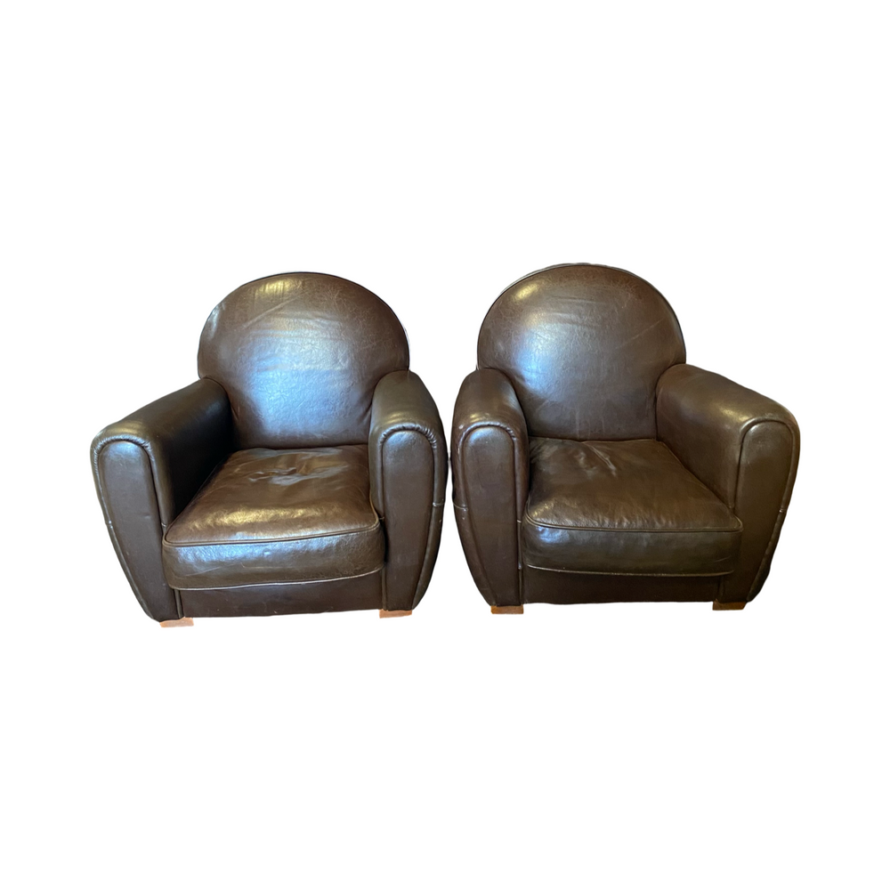 Pair of French Pair Art Deco Leather Club Chairs or Armchairs