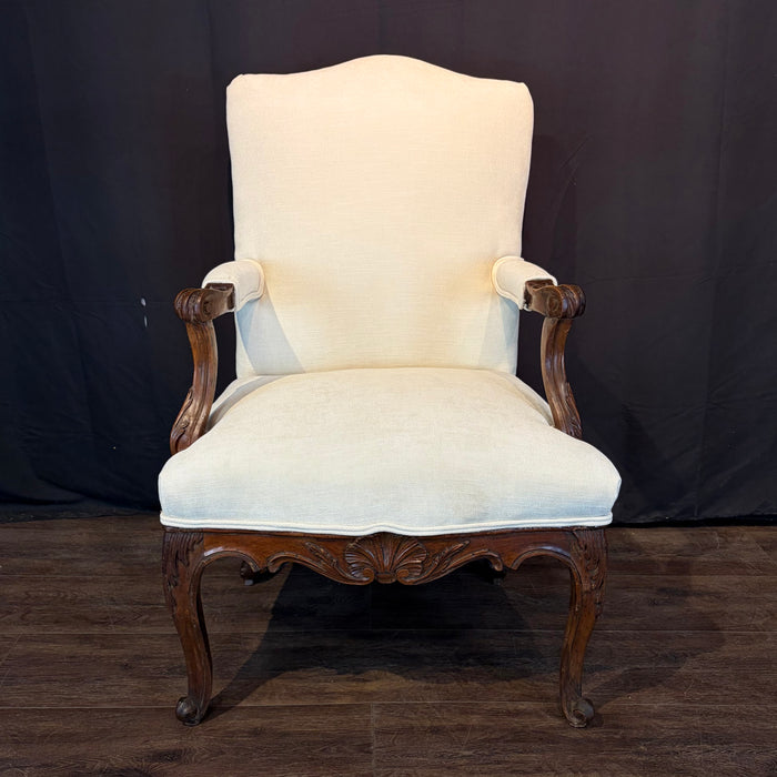 Pair of Early 19th Century French Louis XV Carved Walnut Fauteuil Armchairs with New Neutral Upholstery