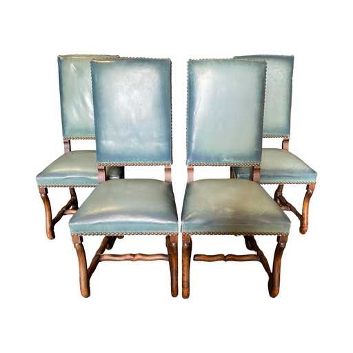 Set of Four French Os de Mouton Pale Eggshell Blue Leather Dining or Side Chairs with Brass Nailhead Trim