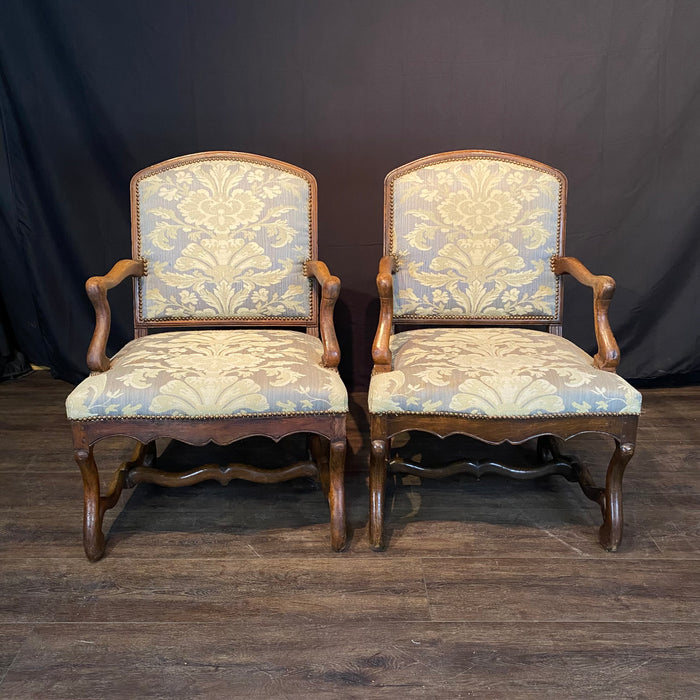 Antique French Pair Louis XIV Armchairs or Fauteuils with Os de Mouton Stretchers