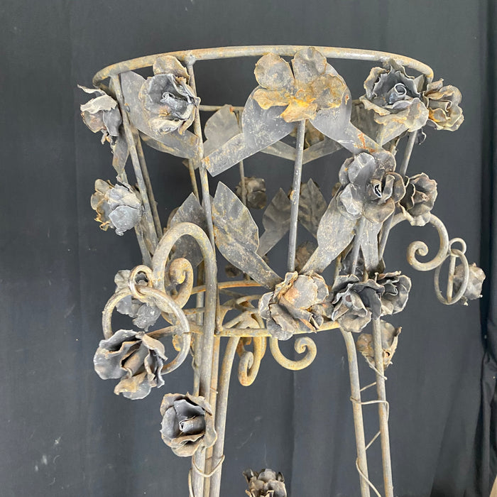 Pair of French Wrought Iron Jardiniere Plant Stands with Floral Accents