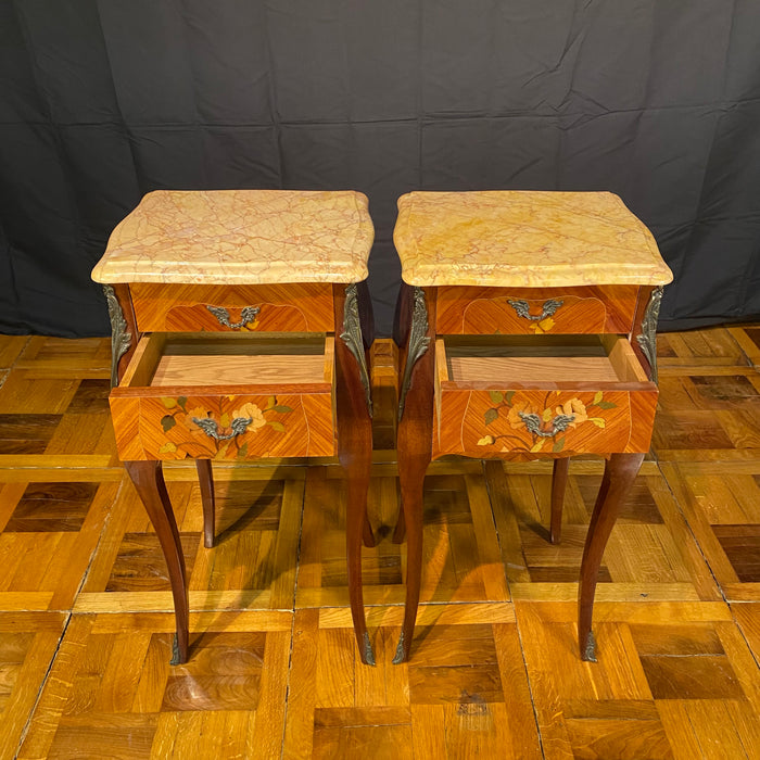 Pair French Louis XV Satinwood Nightstands with Inlaid Marquetry and Marble Tops