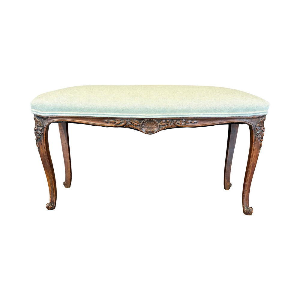 Antique French Louis XV Carved Walnut Bench with New Linen Upholstery