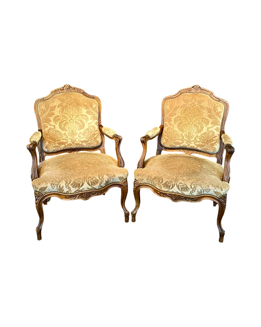 Pair of French Louis XV Carved Armchairs with Cut Velvet Mohair Upholstery
