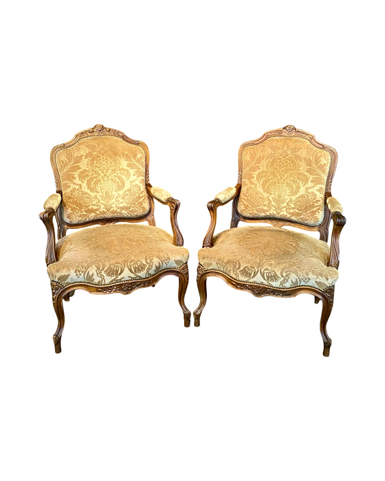 Pair of French Louis XV Carved Armchairs with Cut Velvet Mohair Upholstery