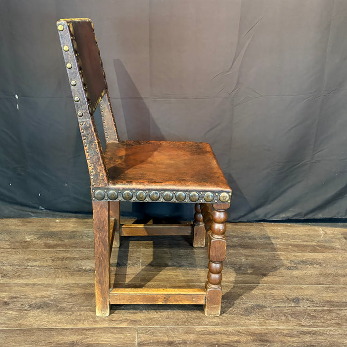 French Antique Set of Leather and Nailhead Dining Chairs with Bobbin Legs