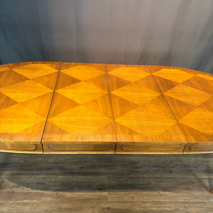Midcentury French Louis XVI Style Walnut Parquetry Oval Extension Dining Table with Two Leaves